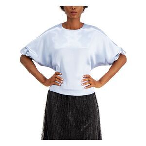 NWT ALFANI Womens Light Blue Zippered Dolman Sleeve Scoop Neck Blouse Size: S